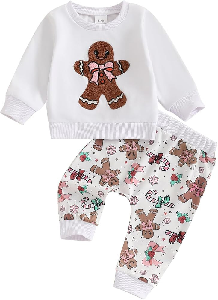 Ayalinggo My First Christmas Baby Girl Outfit Gingerbread Man Pant Set Long Sleeve Sweatshirt Bow... | Amazon (US)