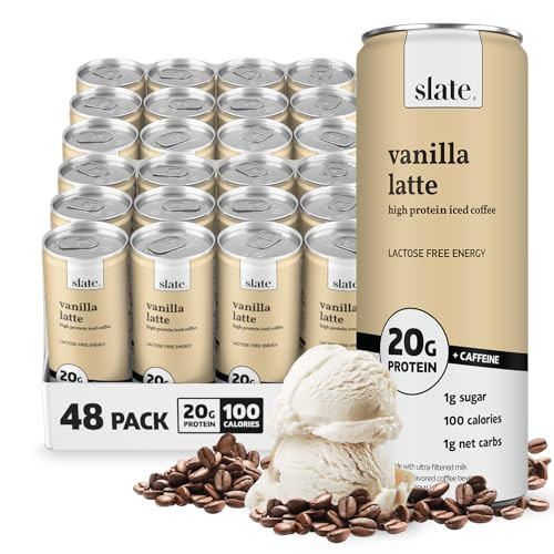 Slate Milk - High Protein Iced Coffee - Vanilla Latte - 175mg Caffeine, Lactose Free Energy - 20g Protein, 1g Sugar, 100 Calories, 1g Net Carbs, No Sugar Added - Protein Coffee - 11 fl oz, 48 Cans | Amazon (US)