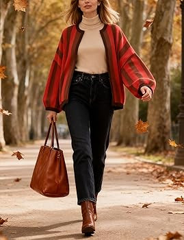 Women's Casual Loose Fit Striped Cardigan Long Balloon Sleeves Open Front Knit Sweater | Amazon (US)