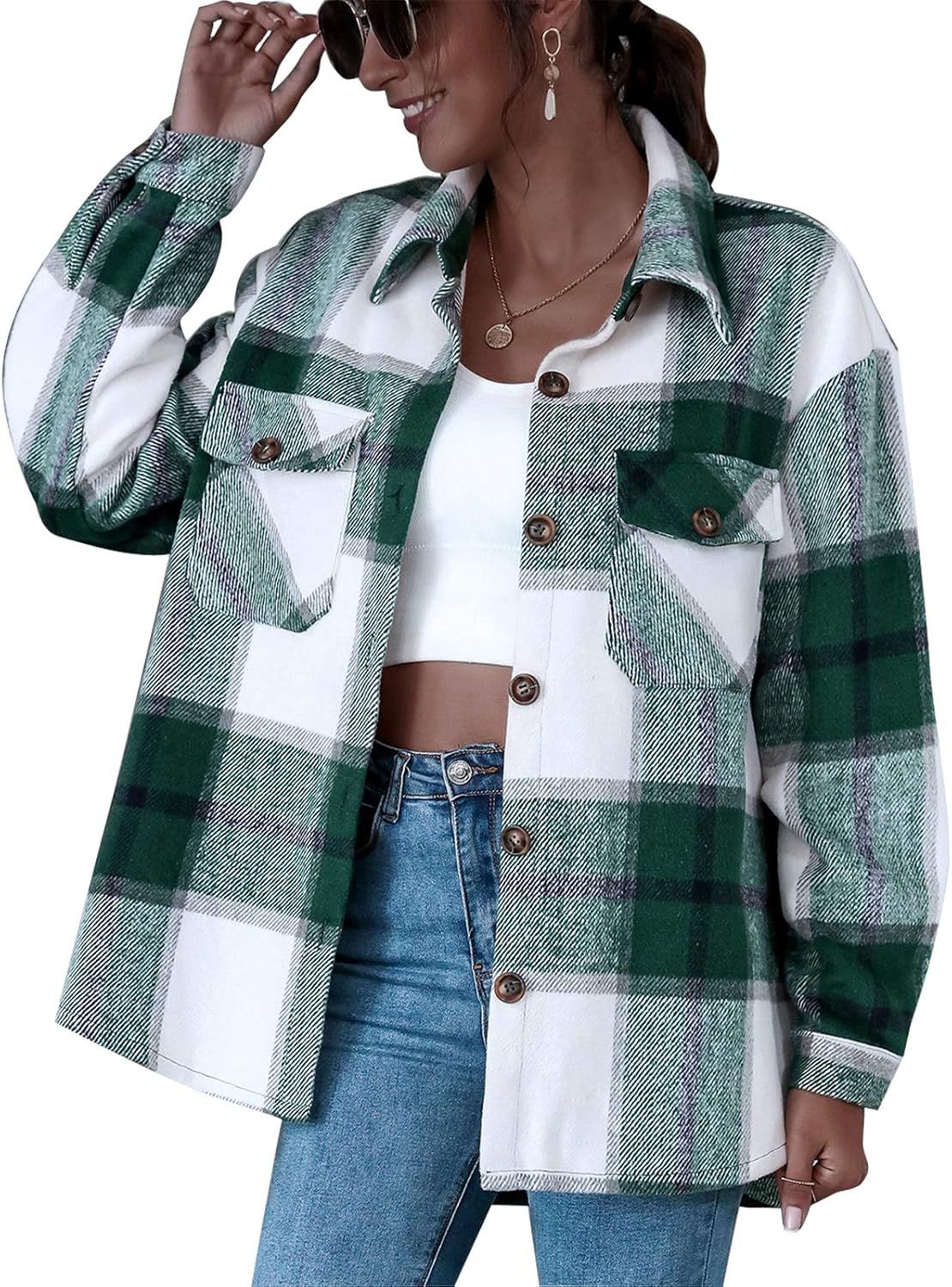 Fashion Women's Casual Wool Blend Lapel Plaid Long Sleeve Button Down Shacket Shirts Jacket Coat | Amazon (US)