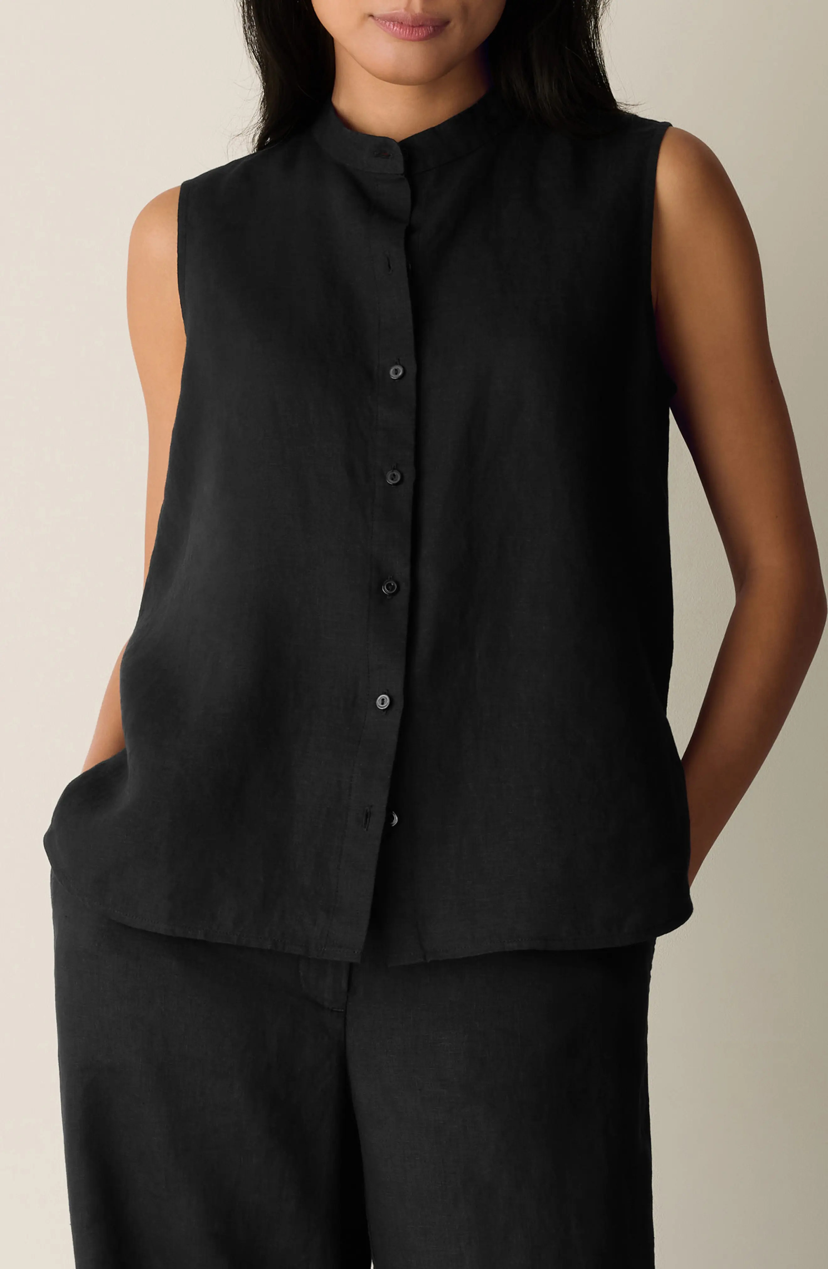 Eileen Fisher Sleeveless Linen Mandarin Collar Button-Up Shirt in Crystal Pink at Nordstrom, Size Medium | Nordstrom