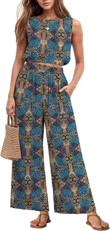 GRECERELLE Two Piece Sets for Women Sleeveless Crop Top Wide Leg Pants Sweat Set for Women Tracks... | Amazon (US)