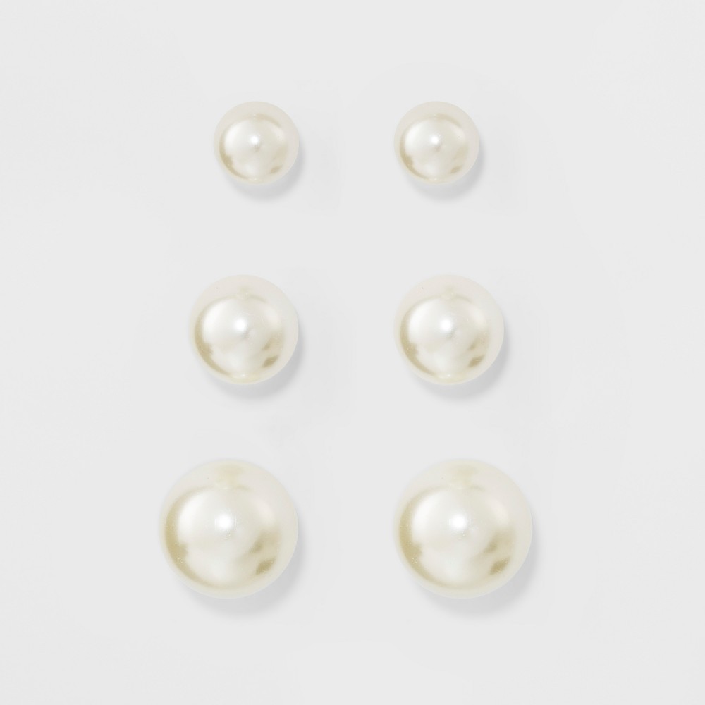 Faux Pearl Stud Earring Set 3ct - A New Day Silver, Women's, Size: Small, White Silver | Target