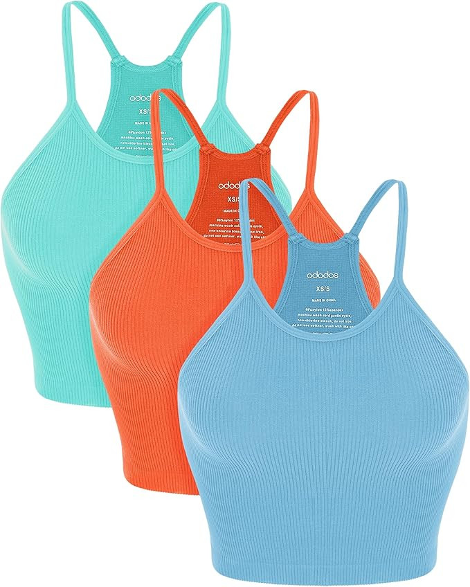 ODODOS Women's Crop 3-Pack Seamless Rib-Knit Camisole Crop Tank Tops | Amazon (US)