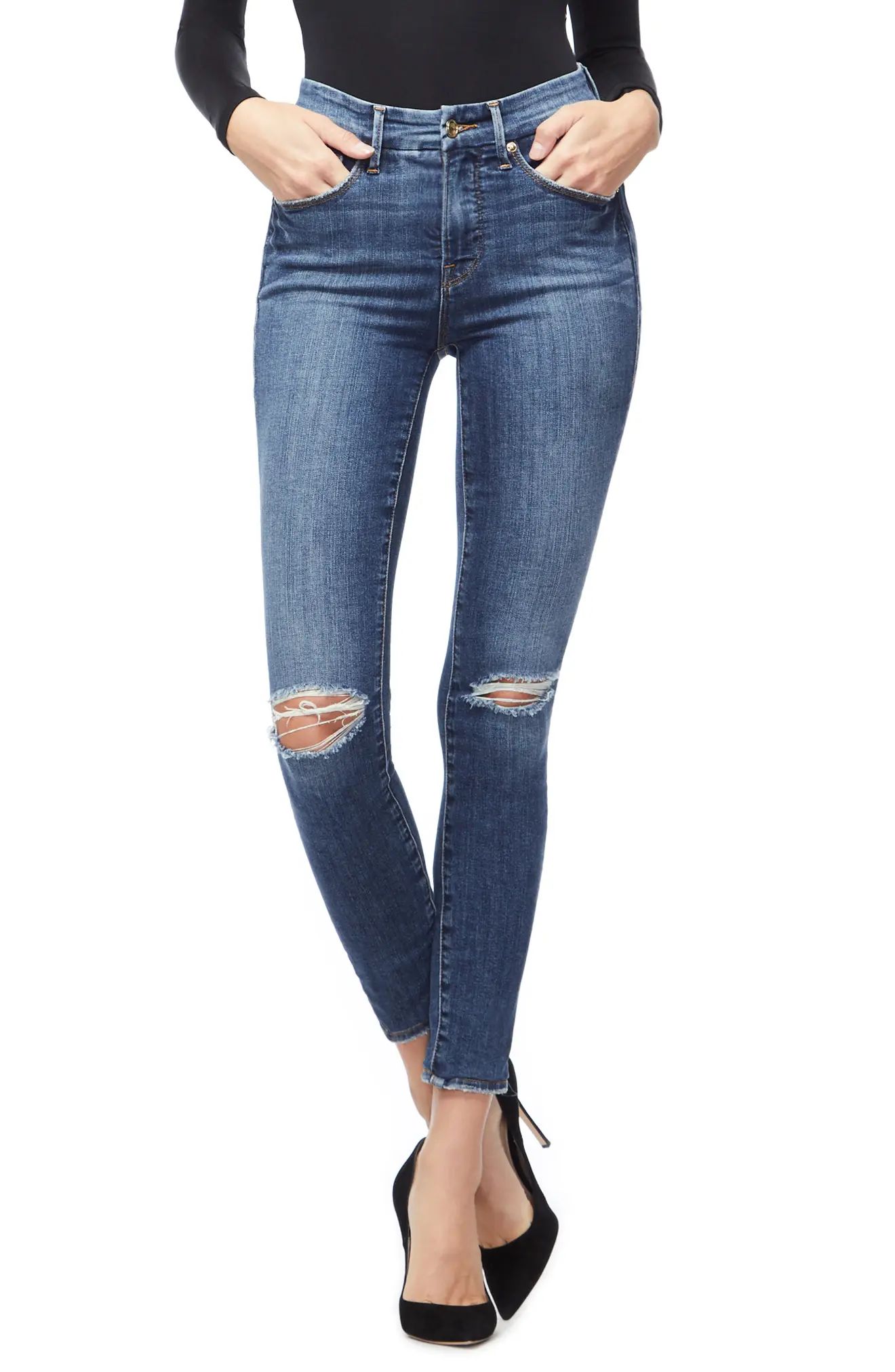 Good American Good Legs Ripped High Waist Skinny Jeans (Blue 208) (Regular & Plus Size) | Nordstrom