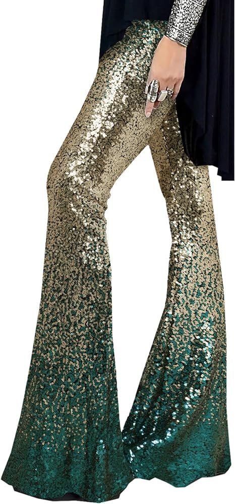 EVALESS Women Sequin Pants Sparkly Glitter High Waisted Wide Leg Flare Trousers Bell Bottom Night... | Amazon (US)