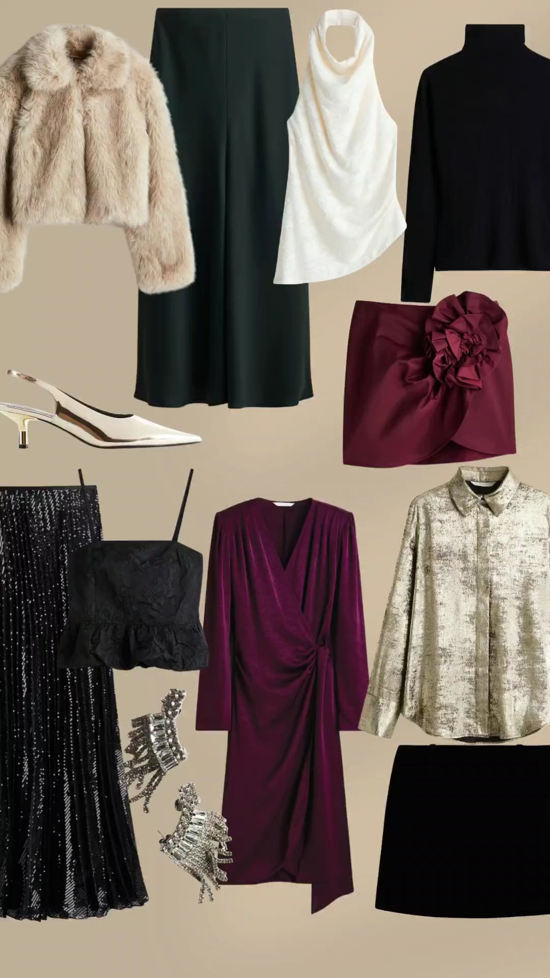 H&M Holiday styles. Style inspiration. Christmas looks. Holiday party. Sequin skirt. Lace skirt. Kitten heels. Lace. Satin trousers. Burgundy pants. Blazer. Going out looks. Cardigan. Leather skirt. Christmas party. 

#LTKHoliday #LTKSeasonal #LTKSaleAlert