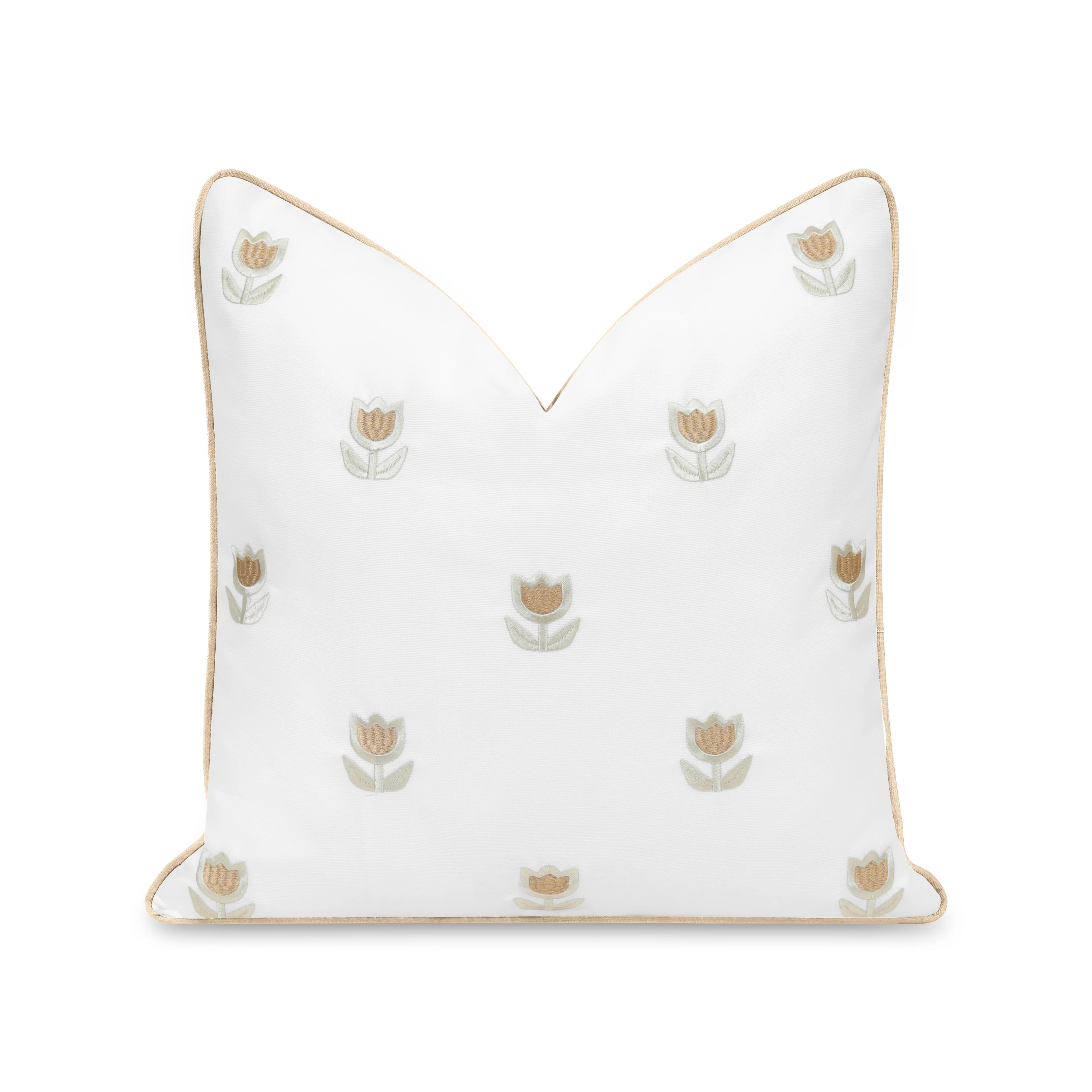 Coastal Indoor Outdoor Throw Pillow Cover, Embroidered Tulips Floral with Piping, Tan, 20 | Hofdeco