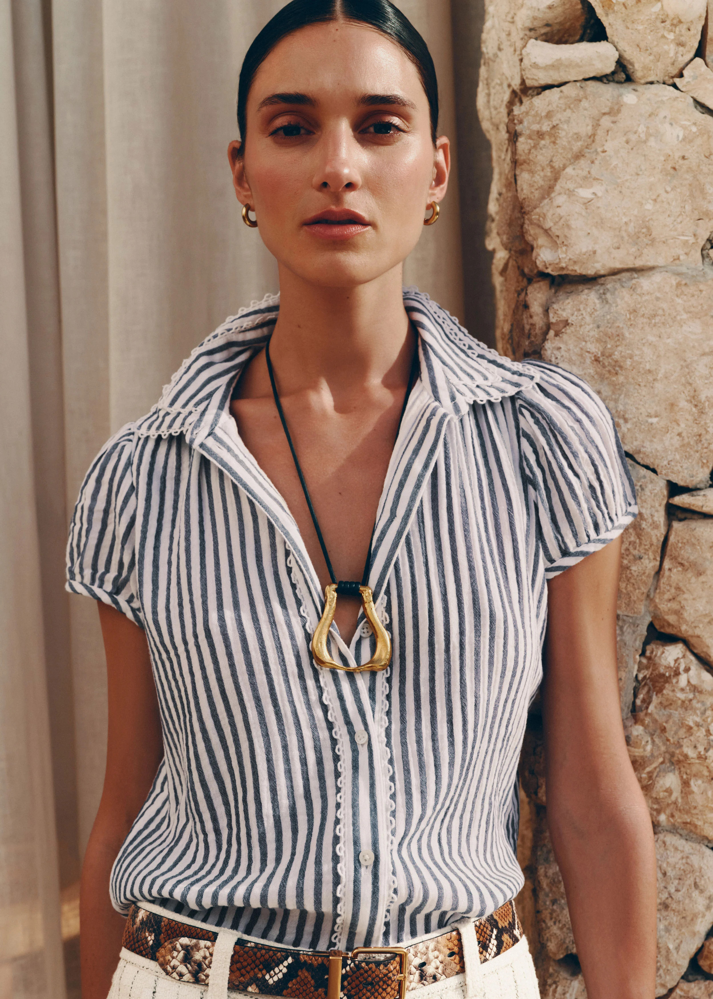 Women's Navy Cheesecloth Summer Trim Blouse | ME+EM | ME+EM US