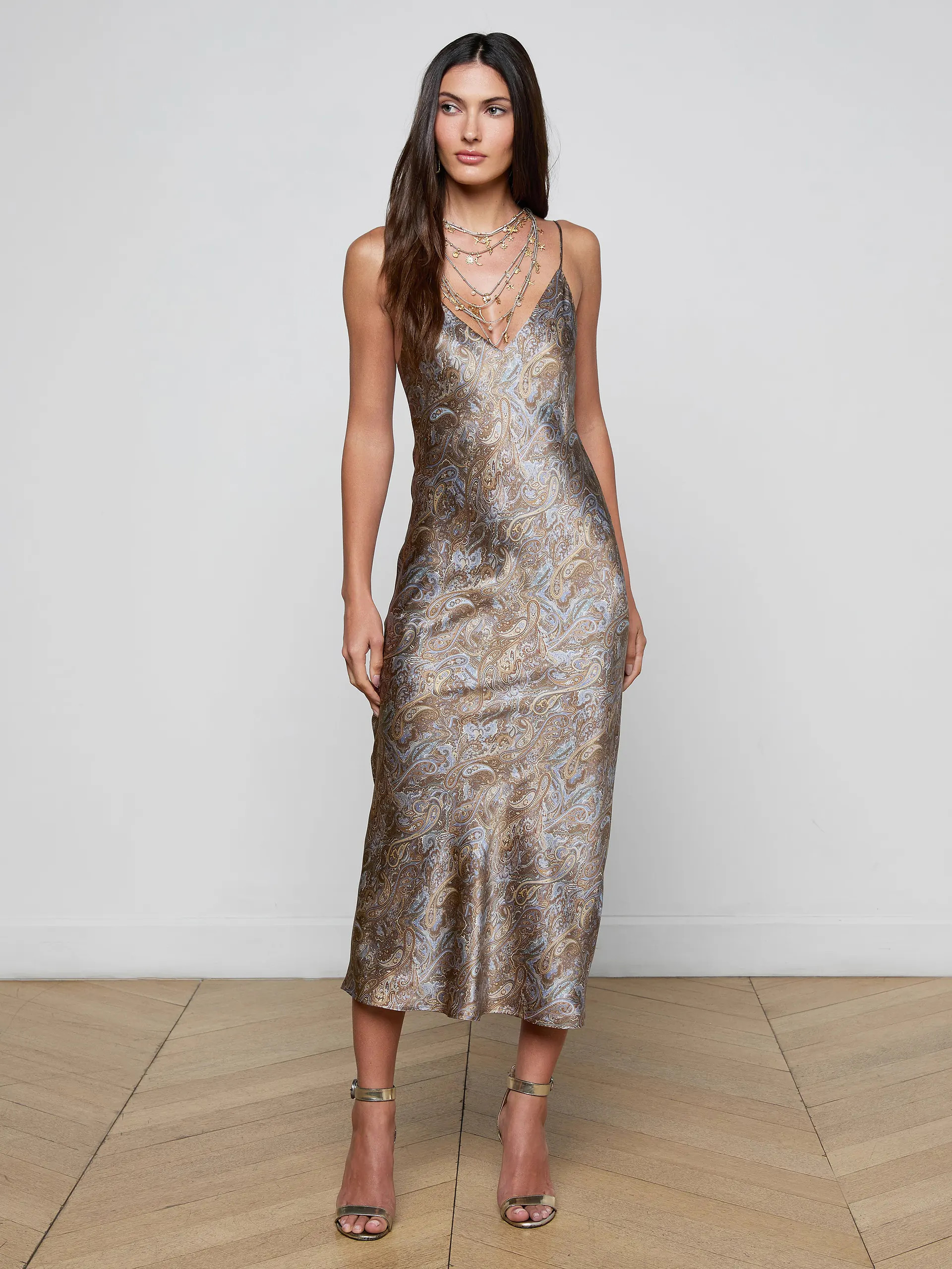 Seridie Silk Slip Dress in Neutral/Blue Ditsy Paisley | L'AGENCE | L'Agence