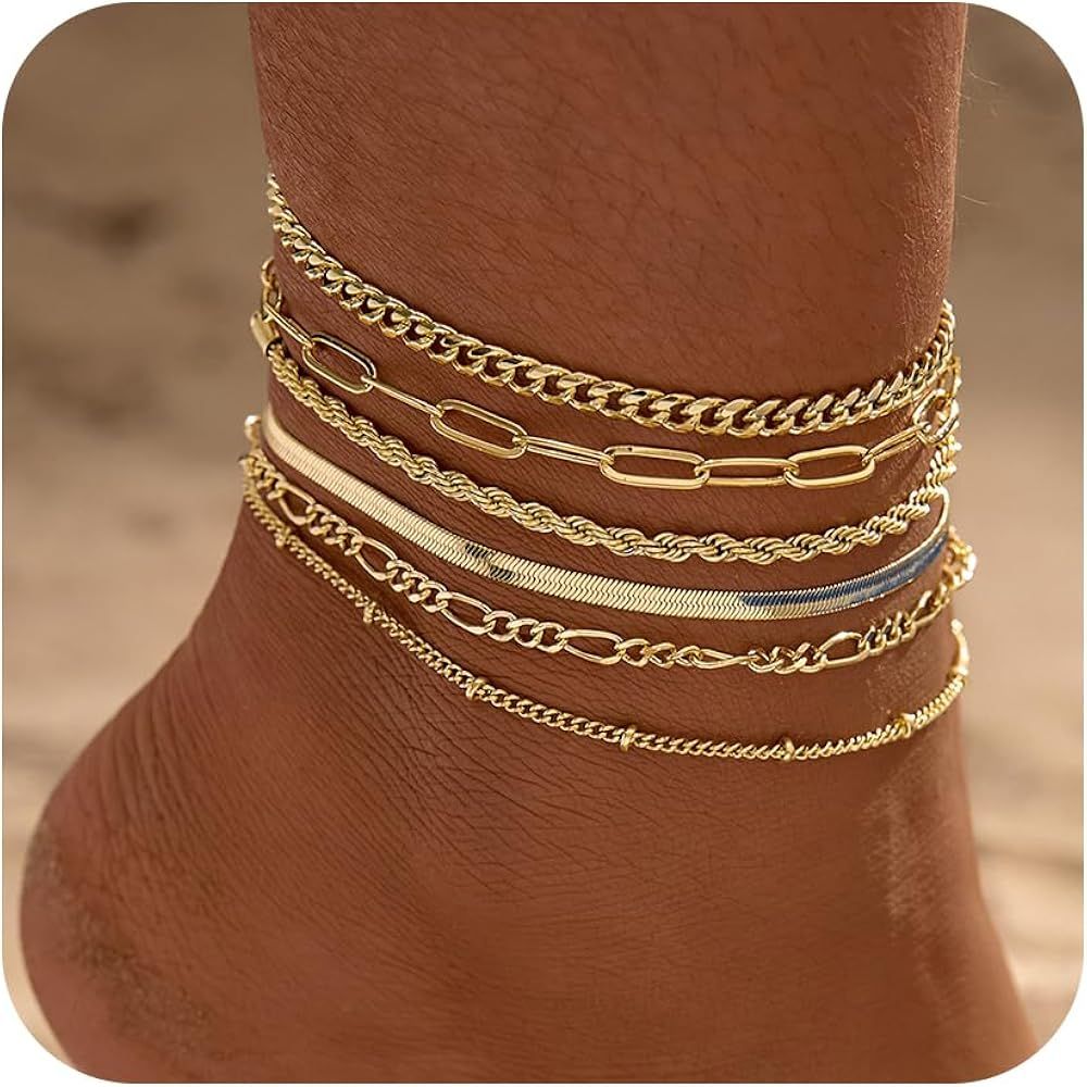 6 PCS Gold Ankle Bracelets for Women, 14k Plated Gold Layered Anklet Set Waterproof Herringbone P... | Amazon (US)