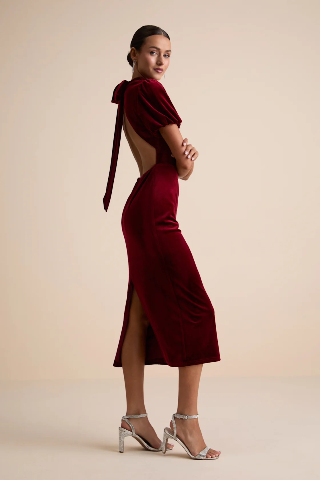 Fabulous Intuition Burgundy Velvet Backless Column Midi Dress | Lulus