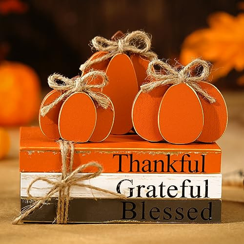 Jetec 6 Pcs Fall Pumpkins Decor Wooden Pumpkin Table Decoration Rustic Autumn Book Stacked Sign Block Fall Tiered Tray Decor Farmhouse Thanksgiving Decorations for Home Indoor Office Desk Shelf Mantel | Amazon (US)