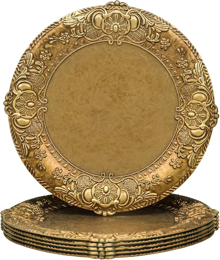 MAONAME 13" Antique Gold Charger Plates, Plate Chargers with Embossed Rim, Round Plastic Charger ... | Amazon (US)