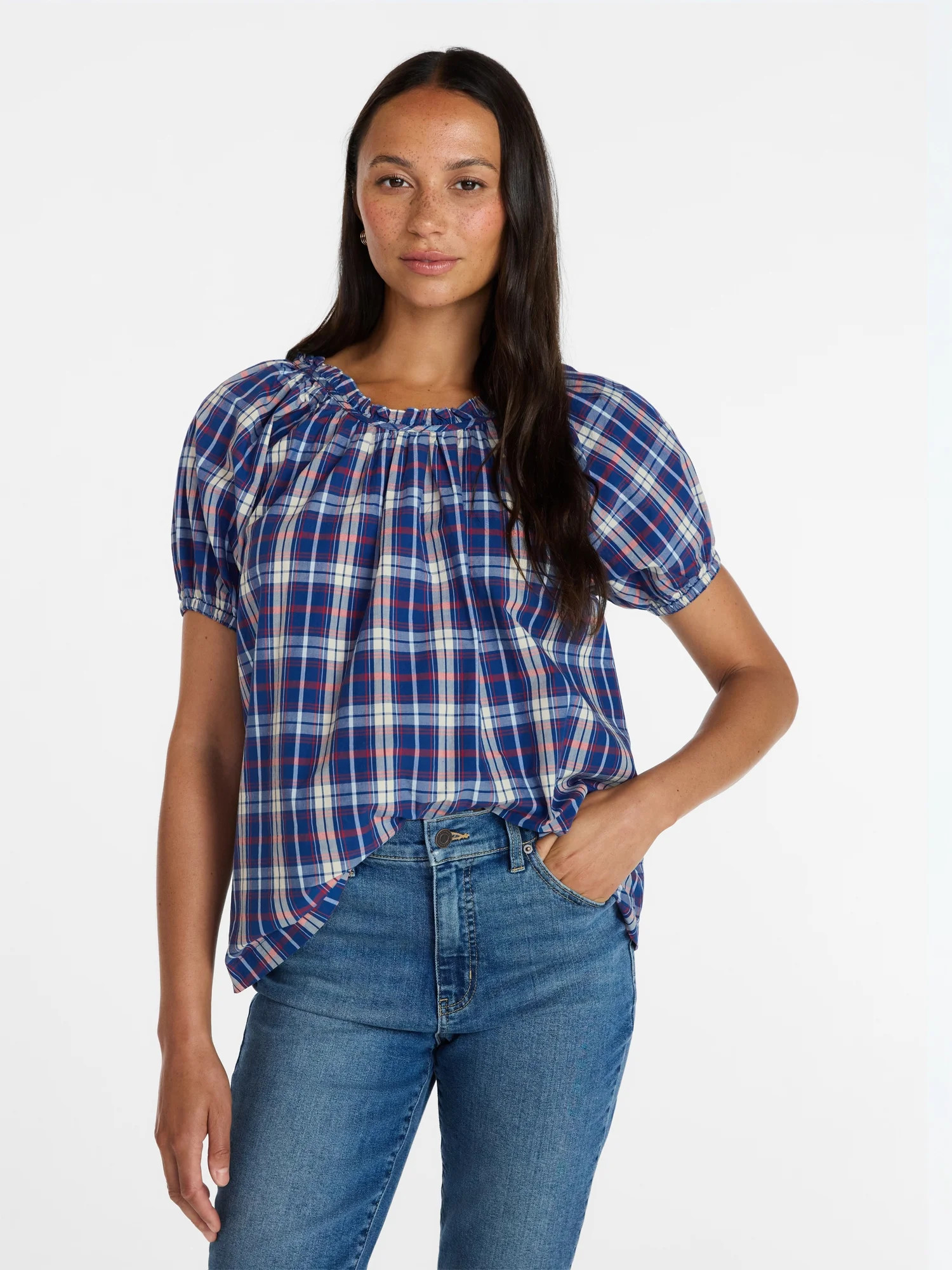 Time and Tru Women's Ruffle Neck Cotton Top with Short Puff Sleeves, Sizes XS-XXXL | Walmart (US)