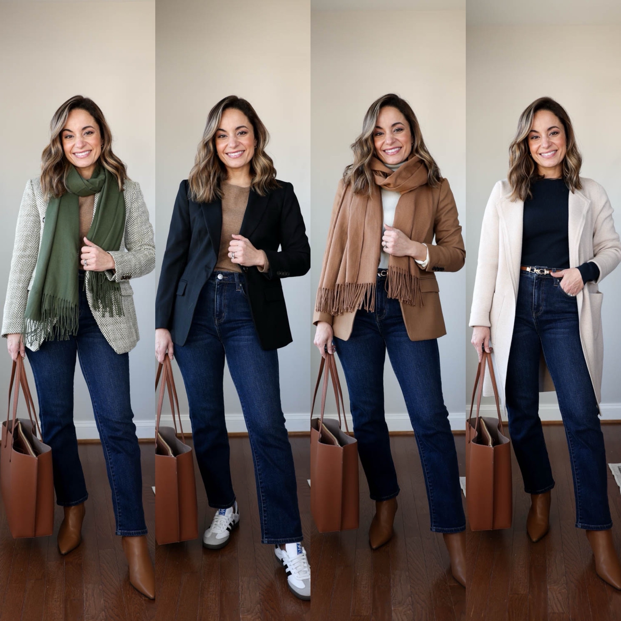 Winter workwear capsule! 

This capsule has 16 pieces (not including shoes and bags) and 30 outfits! 

Black turtleneck (aritzia): xs 
Green turtleneck (aritzia): xs 
White turtleneck (aritzia): xs birch 
Long cardigan (amazon): xs apricot 
Camel blazer (j.crew): petite 00 
Black blazer (j.crew): petite 00 
Herringbone blazer (banana republic factory): petite xxs 
Cropped jacket (banana republic factory): petite xxs 
Camel sweater (quince): xs teak 
Navy sweater (aritzia): xs 
Olive skirt (aritzia): xs 
Black skirt (aritzia): xs 
Navy pants (Ann Taylor): petite 00 
White pants (Ann Taylor): petite 00 
Black pants (Ann Taylor): petite 00 
Jeans (quince): 24x26 

Taupe boots links are a similar color to my pair 
Tan boots are sold out (but linked in case they restock) 

My measurements for reference: 4’10” 105lbs bust, waist, hips 32”, 24”, 35” size 5 shoe. 25” inseam measurement to my ankle bone.

#LTKWorkwear