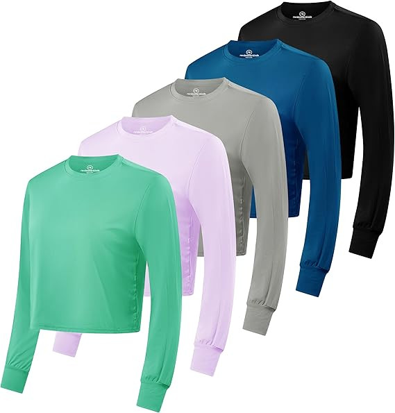Real Essentials 5 Pack: Women's Dry Fit Crop Top - Long Sleeve Crew Neck Stretch Athletic Tee (Av... | Amazon (US)