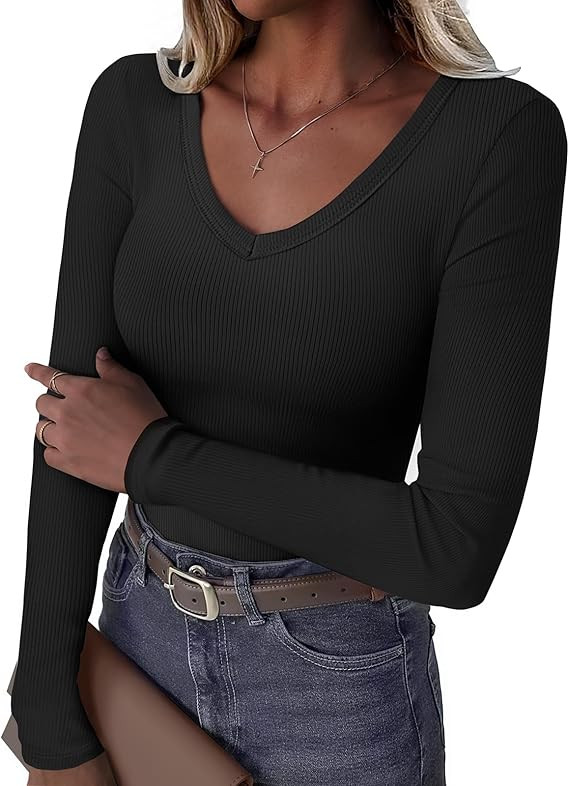 GKBK Women Long Sleeve V Neck Ribbed Knit Slim Fit Shirts Basic Tee Tops 2025 Fall Casual T Shirt... | Amazon (US)