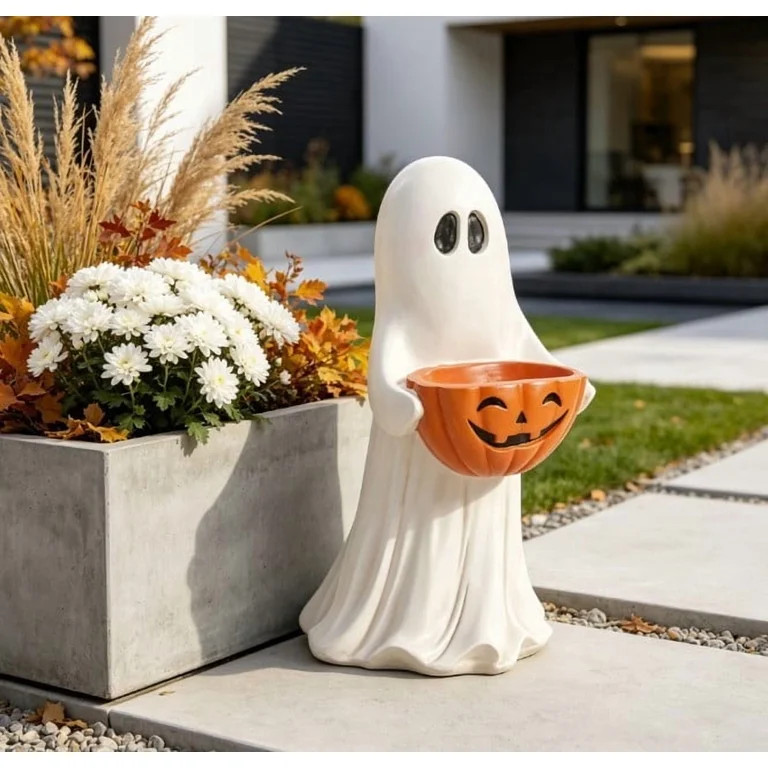 13.7" Halloween Ghost Figurine with Pumpkin Candy Bowl, Indoor Outdoor Safe Ghost Statue for Porc... | Walmart (US)