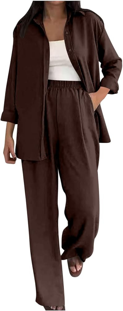 Womens 2 Piece Outfits Loungewear Set Dressy Long Sleeve Lapel Collar Button Down Shirt and Wide ... | Amazon (US)