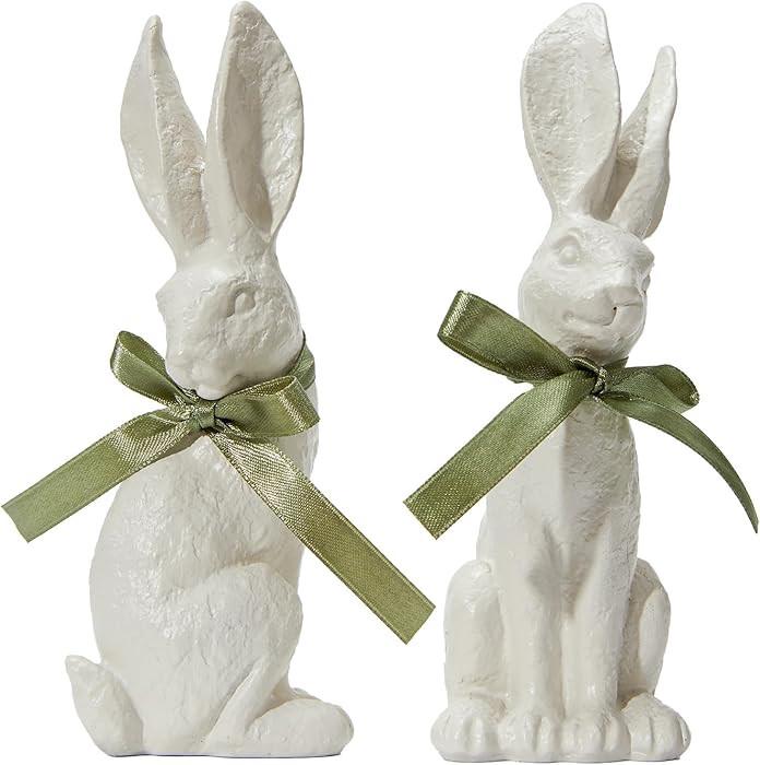WDS WONDROUS Easter Decorations Bunny Figurines Set, Realistic Bunnies 2-Pcs White Resin Textured... | Amazon (US)