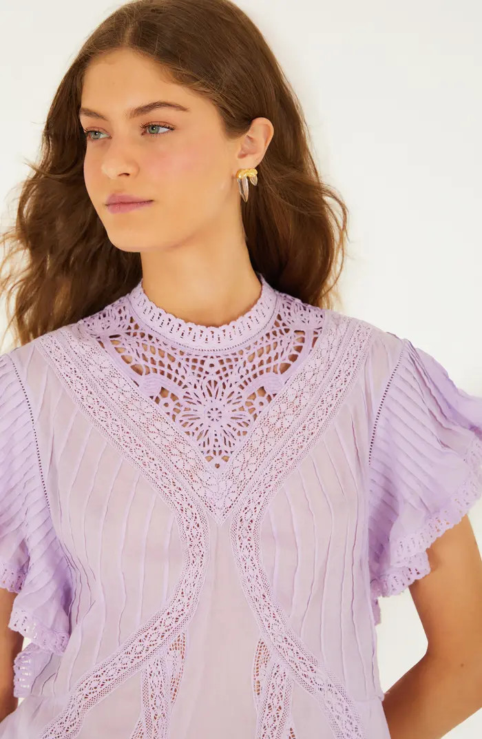 FARM Rio Lace Ruffle Sleeve Organic Cotton Top | Nordstrom | Nordstrom