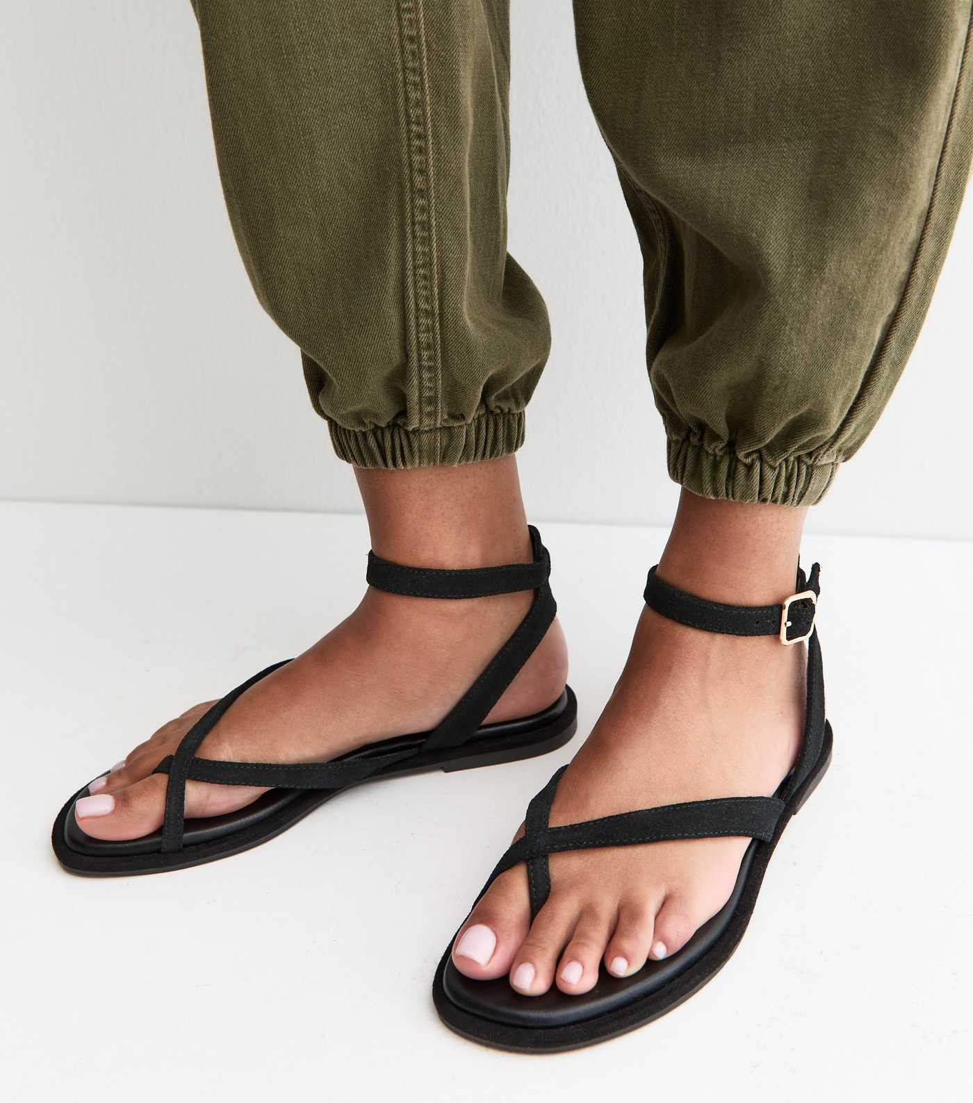 Premium Real Leather Black Crossover Strap Flat Sandals | New Look | New Look (UK)