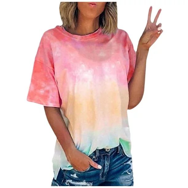 RYDCOT Women Summer Tie-Dye Short Sleeve Crew-Neck T-Shirt Casual Tee Tops（S-5XL） Wine S - Wa... | Walmart (US)