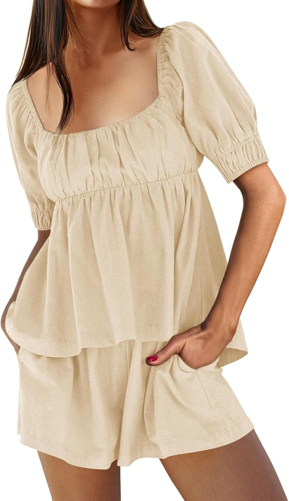 Tankaneo Womens 2 Piece Outfits Summer Square Neck Short Puff Sleeve Babydoll Tops and Shorts Mat... | Amazon (US)