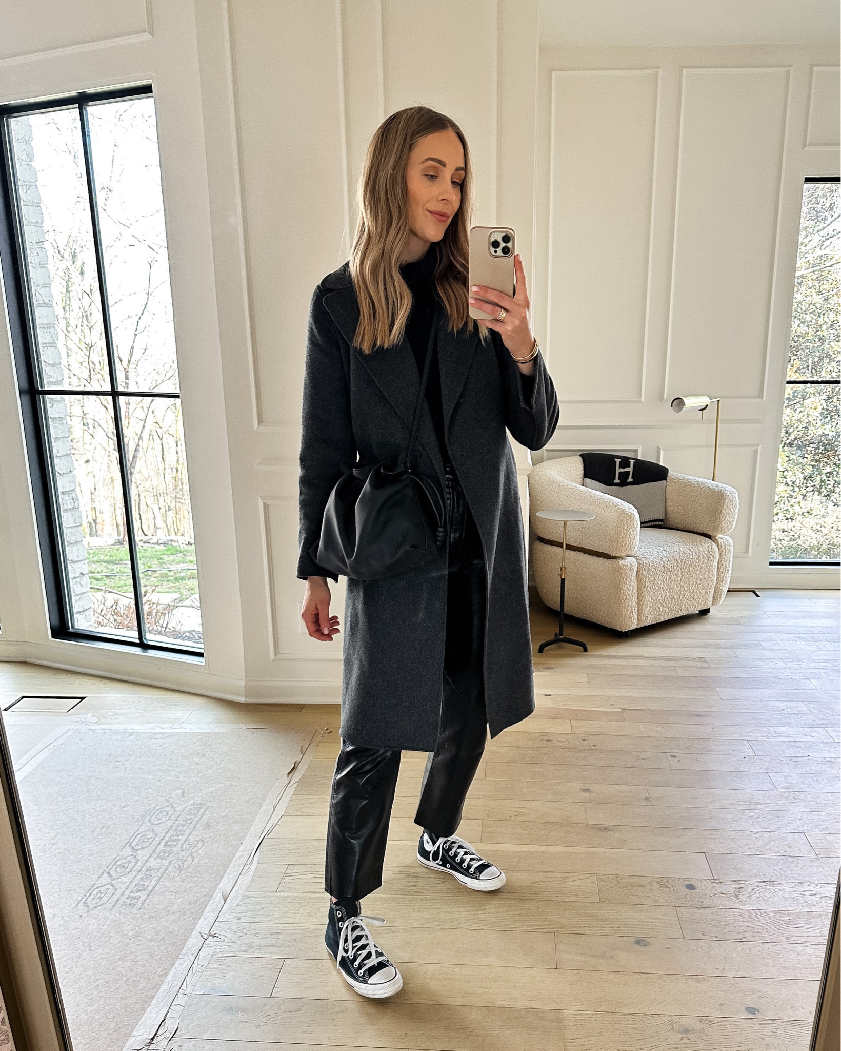 Fashion Jackson wearing grey wrap coat (linked similar), AGOLDE leather pants, converse sneakers, winter outfit, daily look #sneakers #fashionjackson 

#LTKstyletip #LTKshoecrush #LTKunder100