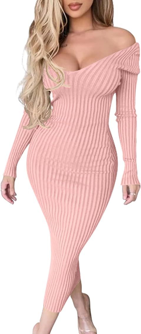 BEAGIMEG Women's Sexy Long Sleeve Off Shoulder Knit Bodycon Long Dress | Amazon (US)