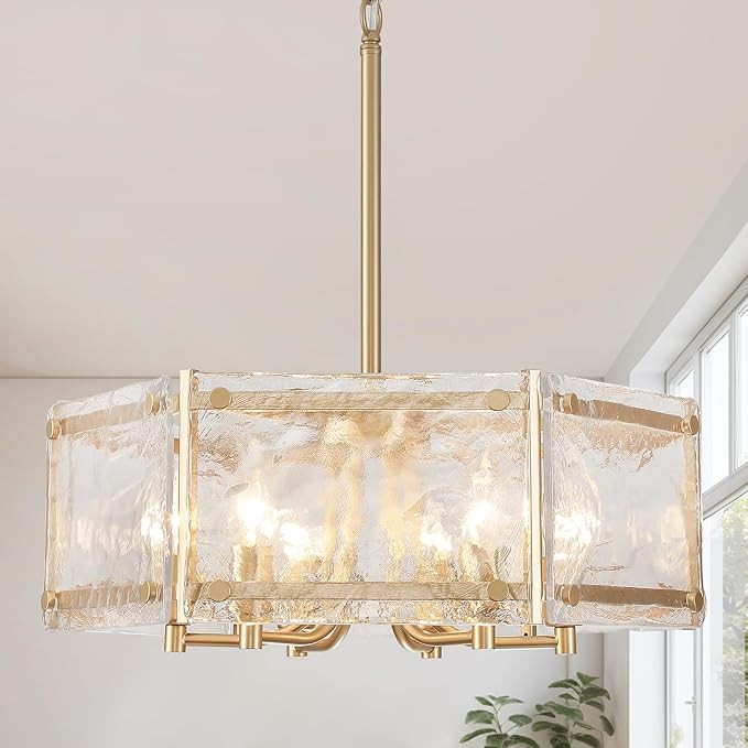 6-Light Gold Glass Chandelier, 18.7" Modern Textured Glass Drum Chandelier for Dining Room, Luxur... | Amazon (US)