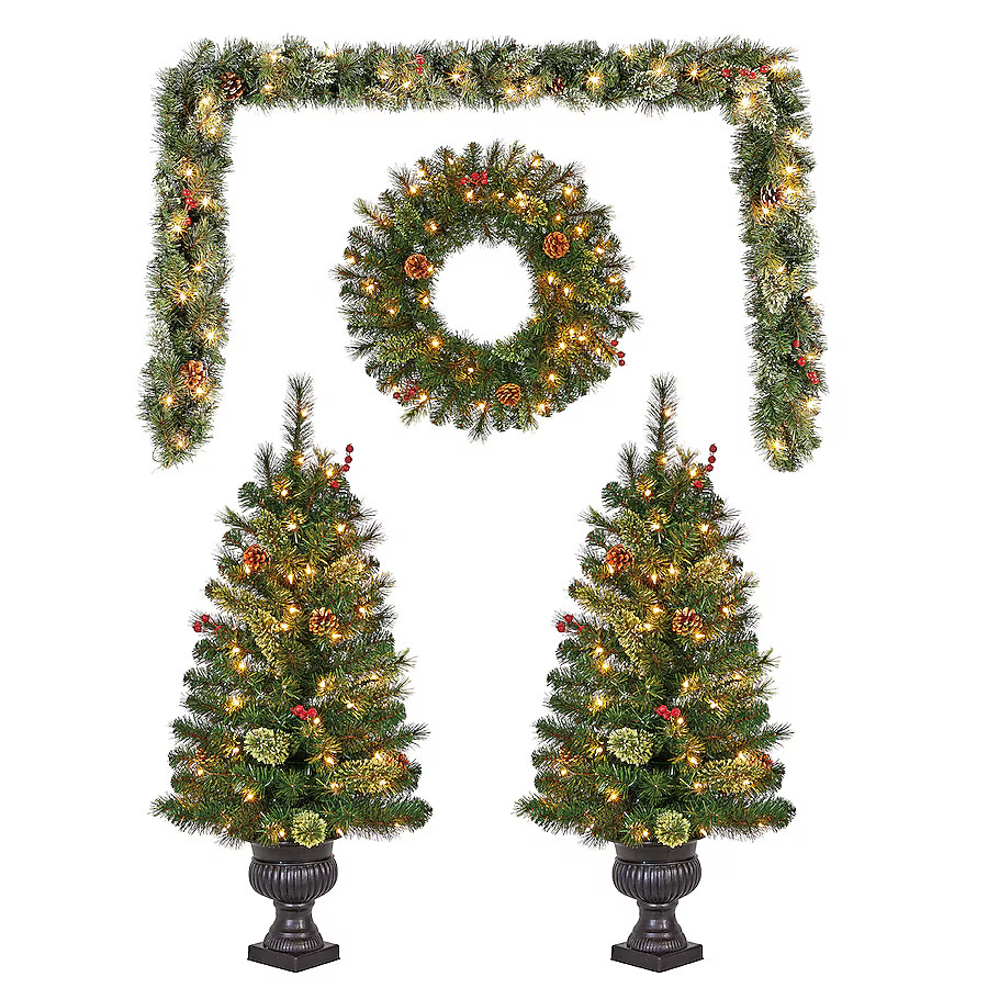 Holiday Living Two 3.5-ft Pre-lit Potted Artifical Christmas Trees, Wreath and Garland Front Door... | Lowe's