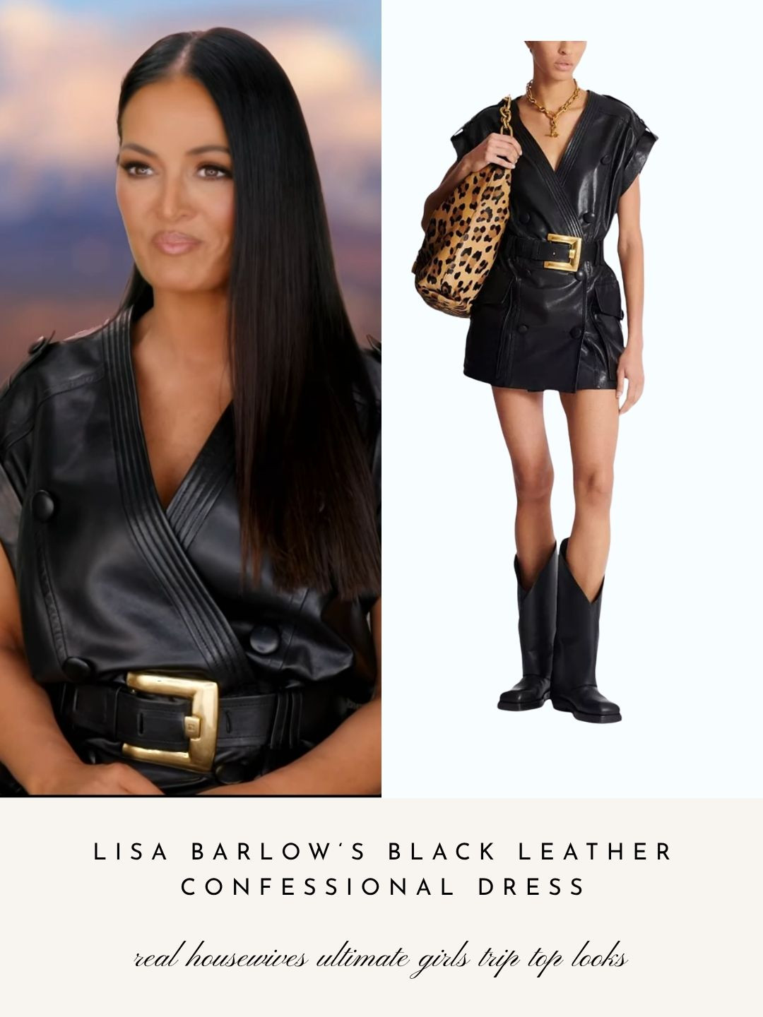 Lisa Barlow's Black Leather Belted Confessional Dress on Real Housewives Ultimate Girls Trip: Roaring 20's  

 