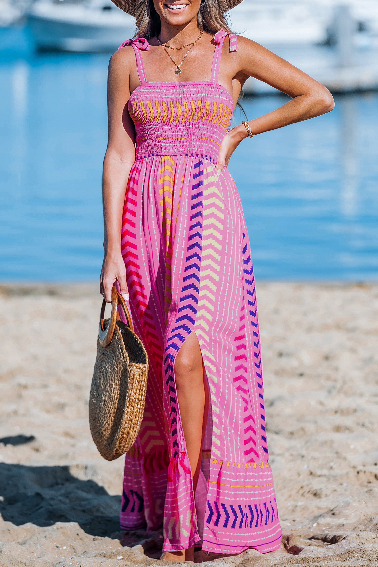 Pink Chevron Striped Self-Tie Strap Maxi Dress | Cupshe US
