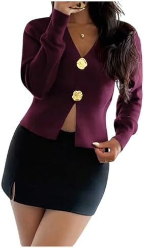 SHENHE Women's Knit Cardigan Sweater V Neck Gold Button Down Fitted Elegant Crop Sweater | Amazon (US)