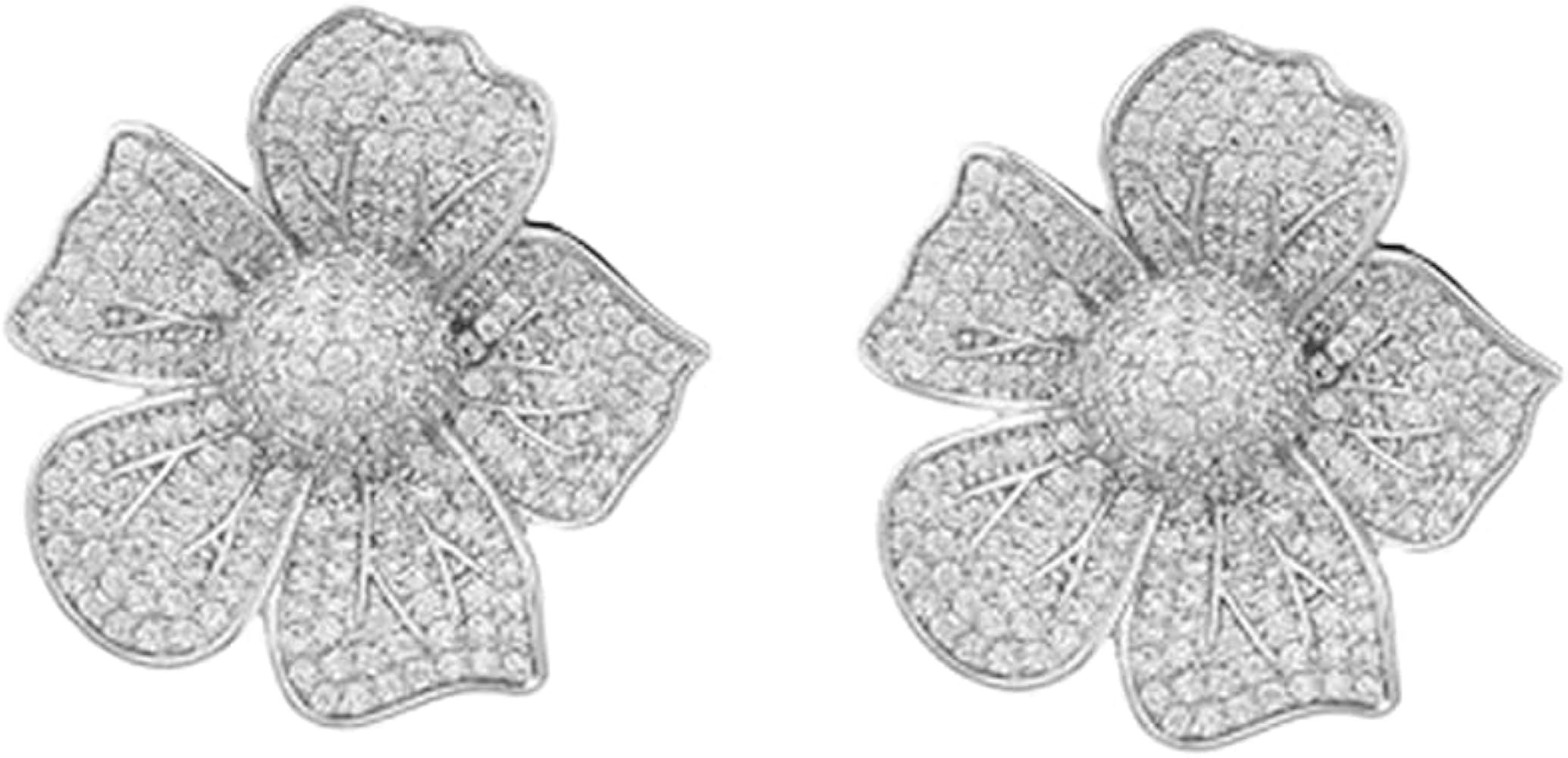 CZ Diamond Flower Stud Earrings for Women Girls Hypoallergenic Silver Post Pin Fashion Luxury Pav... | Amazon (US)