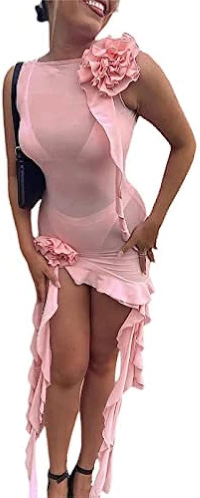 Women Y2k Tube Tank Sexy Mesh Sheer Strapless Split Bodycon Dress Ruffle Sleeveless Irregular Long D | Amazon (US)