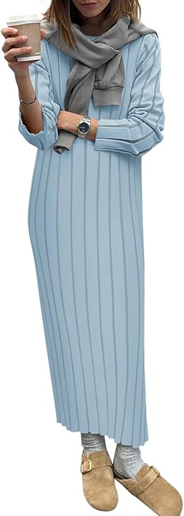 Yousify Womens 2025 Trendy Spring Long Sleeve Sweater Dresses Casual Round Neck Split Hem Striped... | Amazon (US)