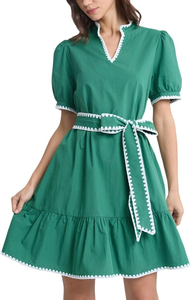 D-Sun Puff Sleeve Mini Dress Bow Tie Waist V Neck Navy Blue Ruffle Tiered Casual Short Dresses wi... | Amazon (US)