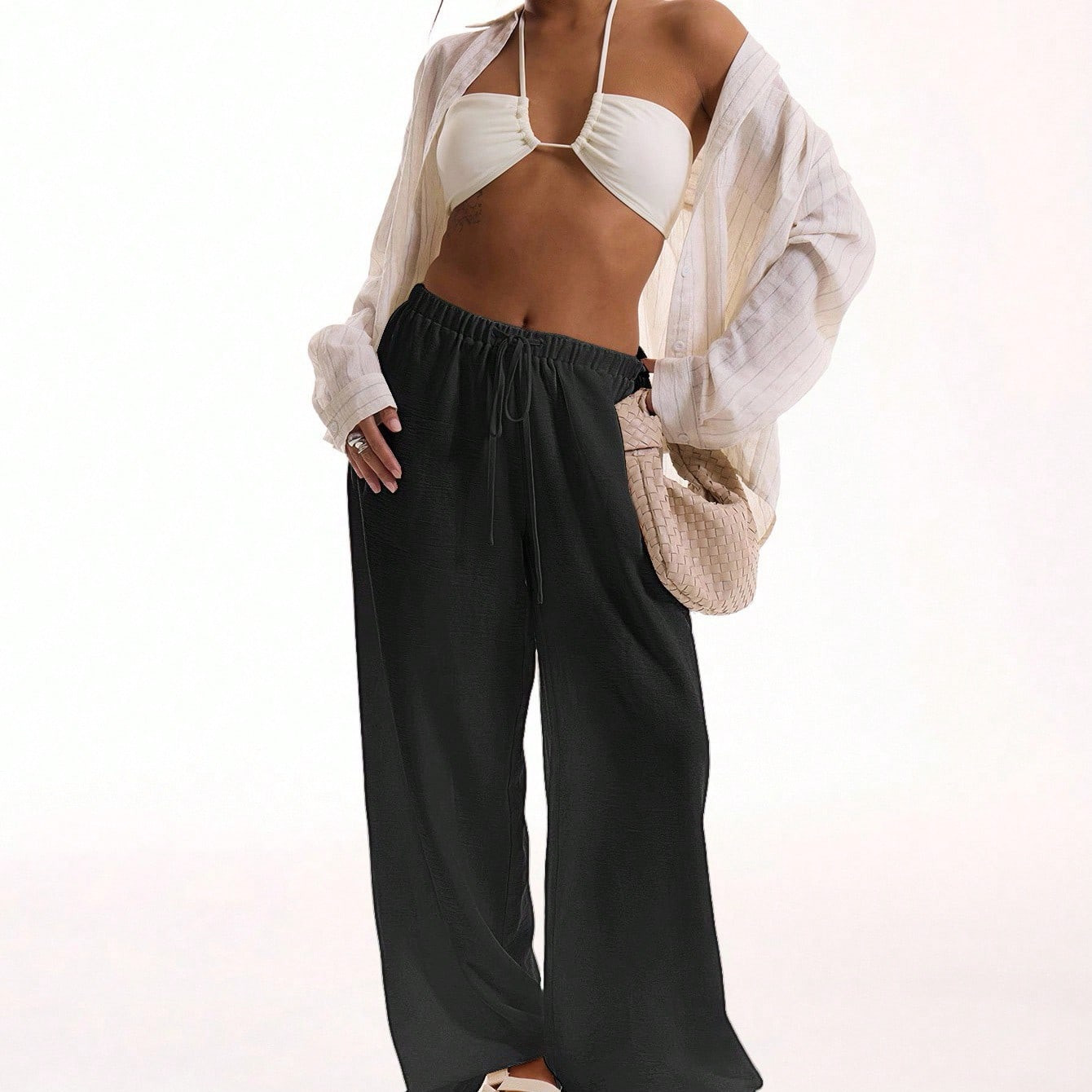 MUSERA Textured Linen Feel Tie Waist Trouser Vacation Summer Spring Elegant Beachwear Boho Casual Boho Airport | SHEIN