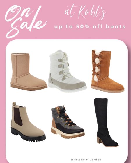 On Sale at Kohls! Up to 50% off select boots 

Snow boots. Hiking boots. Chelsea boots. Knee high boots. Uggs. Shoes. Sale alert. 

#LTKMostLoved #LTKshoecrush #LTKsalealert