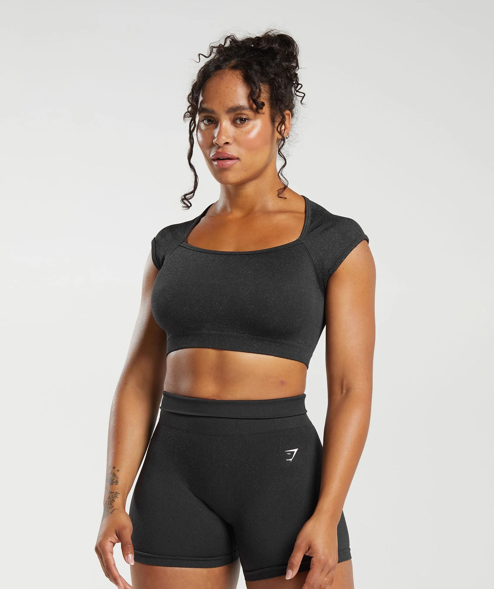 Gymshark Adapt Fleck Seamless Crop Top - Black/Smokey Grey | Gymshark US