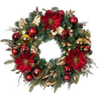 30 in. Green Battery Operated Prelit LED Artificial Christmas Wreath with Golden Leaf Red Magnoli... | The Home Depot