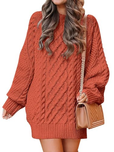 ANRABESS Womens Sweater Dress Oversized Cable Knit Chunky Long Sleeve Short Dresses 2025 Fall Outfits Vacation Winter Clothes Rust Orange Medium | Amazon (US)