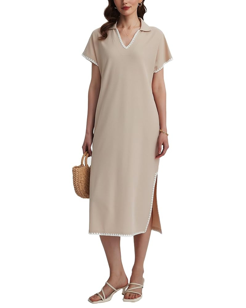 Women's Summer V Neck Polo Dress Short Sleeve Side Slit RIC Rac Maxi Shirt Dress | Amazon (US)