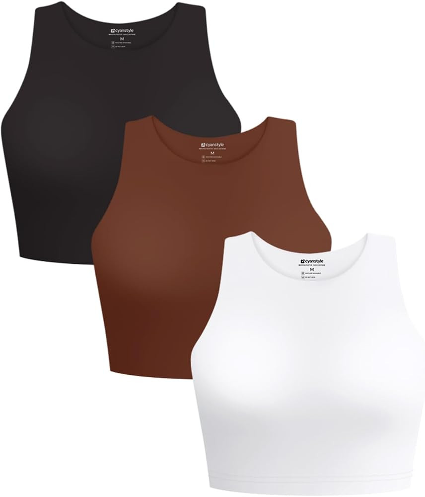 Cyanstyle Women's 3 Piece Tank Tops Sleeveless Halter Neck Raceback Double Lined Basic Tank Crop ... | Amazon (US)