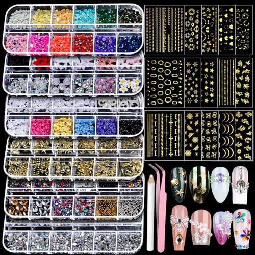 Teenitor Nail Charms Nail Gems with 15 Sheets Gold Nail Stickers, 6 Boxes of Rhinestones for Nails Art Tools, 3D Nail Decals Pearls for Nails | Amazon (US)