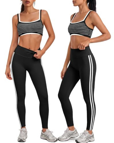 Panadila Women Striped Workout Set Layered Bra and Leggings(Black,L) | Amazon (US)
