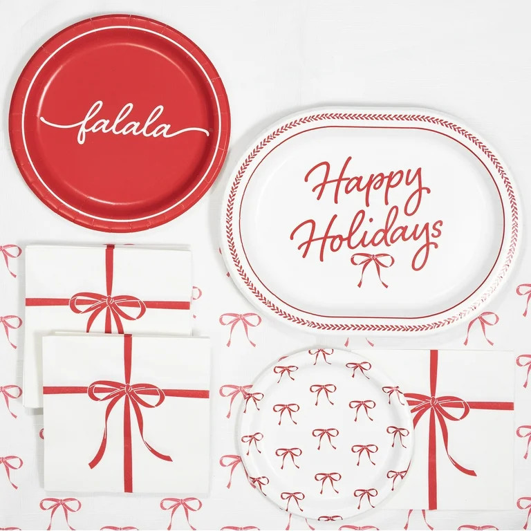 Bow Christmas Disposable Paper Plates, 7", Red and White, 24 Count, by Holiday Time | Walmart (US)